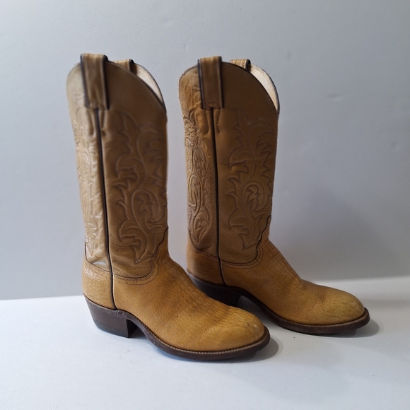 Justin Women's Tan Leather Western Cowgirl Equestrian Pull Tabs Boots Size 7.5 - Picture 1 of 12